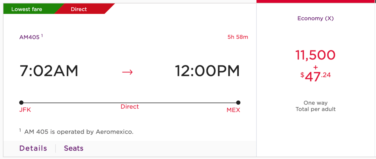 A screenshot from Virgin Atlantic showing an Aeromexico flight from JFK to MEX for 11,500 miles