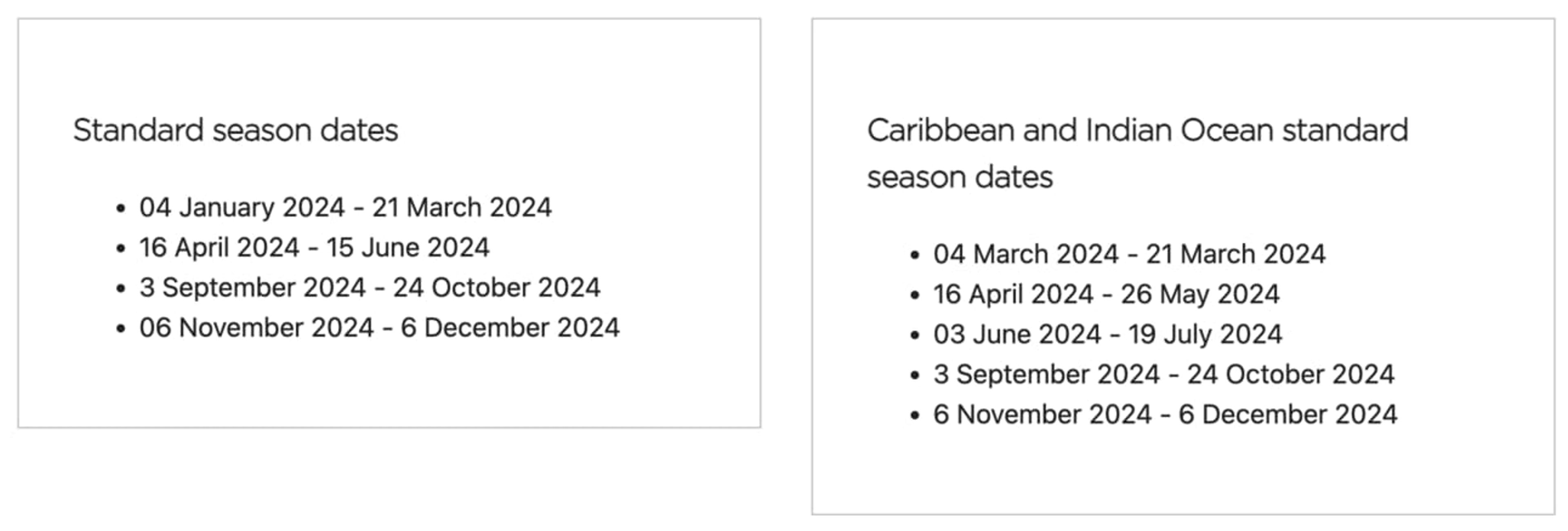 A list of Virgin's Standard date ranges for Companion award tickets