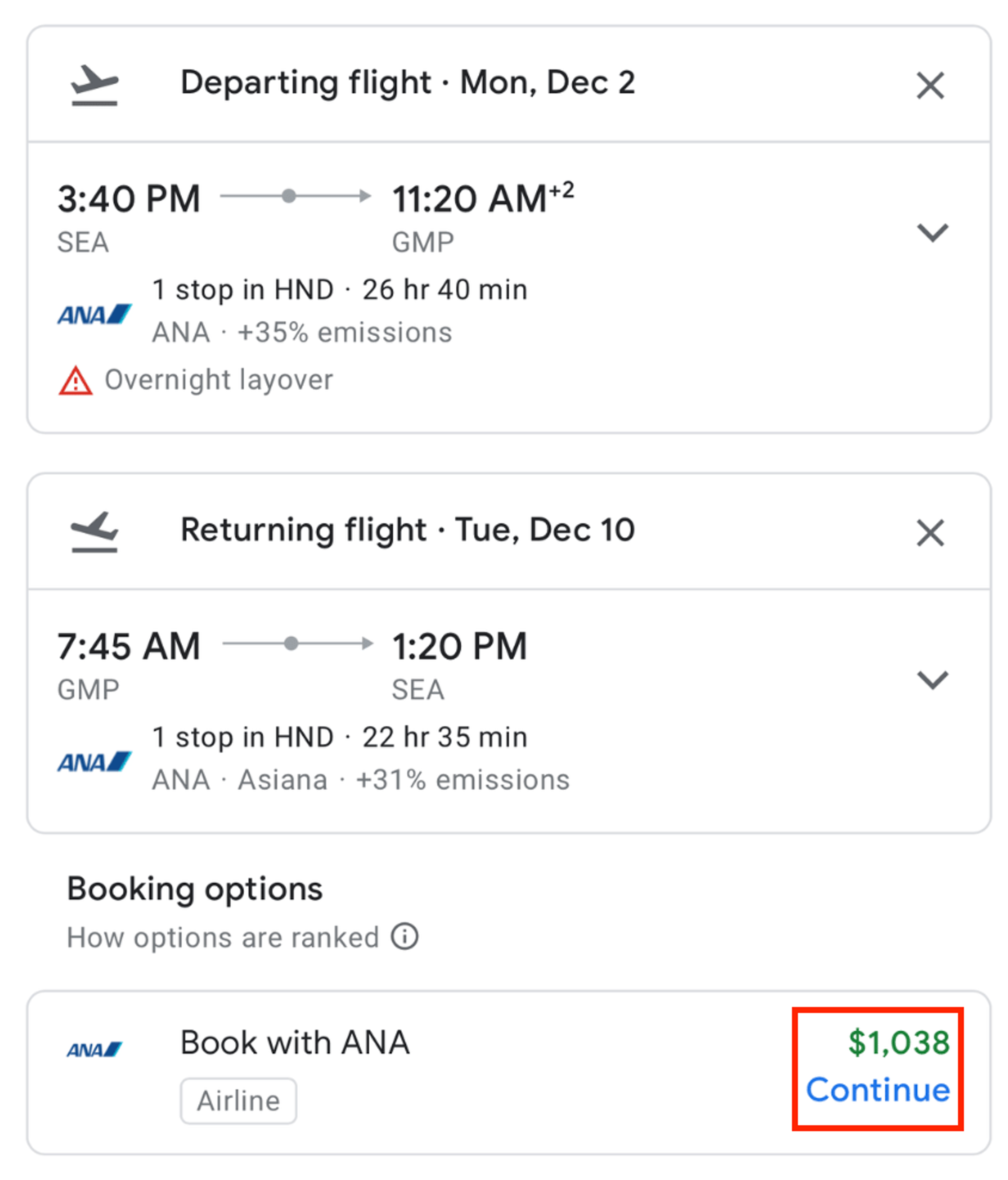 ANA itinerary from SEA to ICN