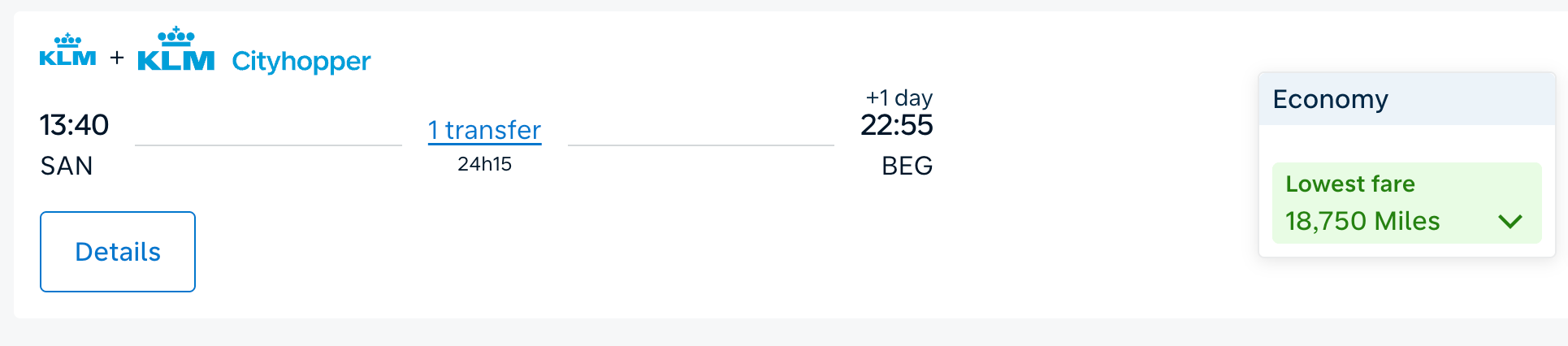 San Diego to Belgrade for 18,750 miles