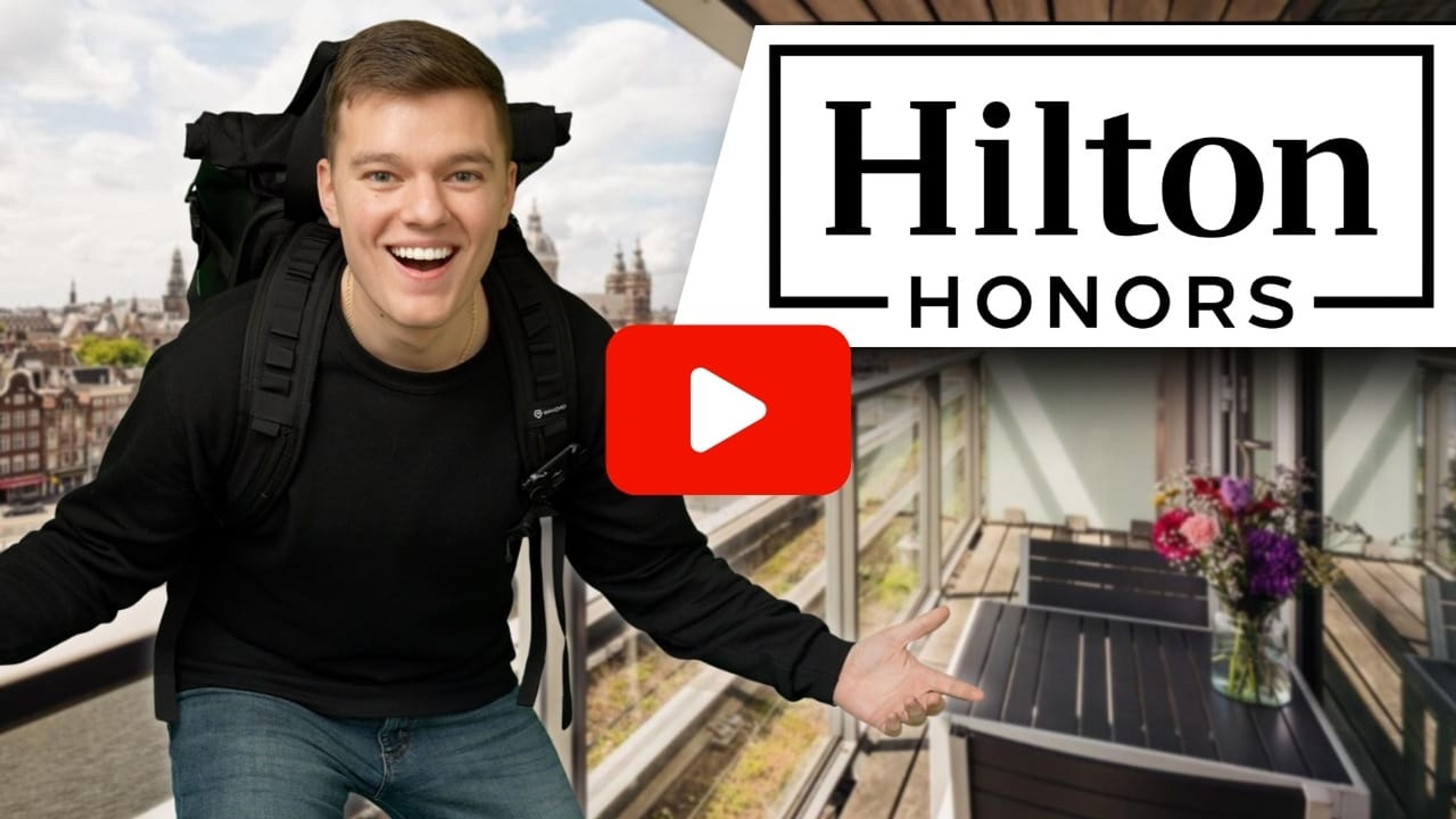The thumbnail with a traveler wearing a backpakack and standing on the balcony of a Hilton property