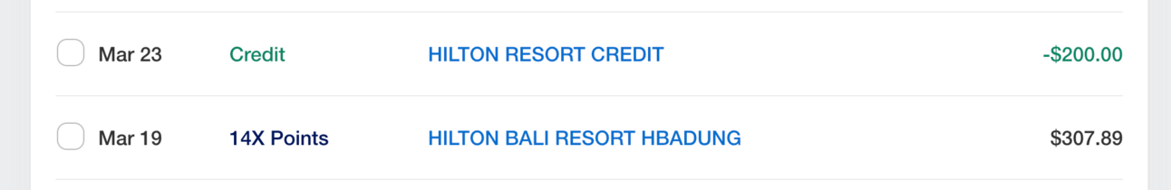 Example from my Hilton card statement showing the use of a $200 resort credit