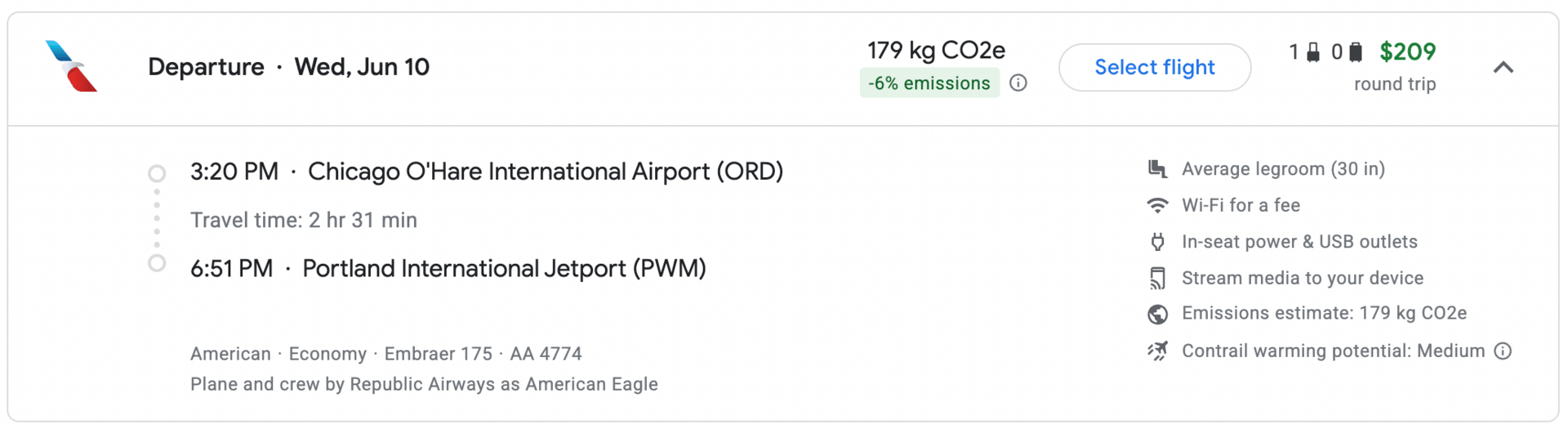 ORD to PWM for $209 on American Airlines