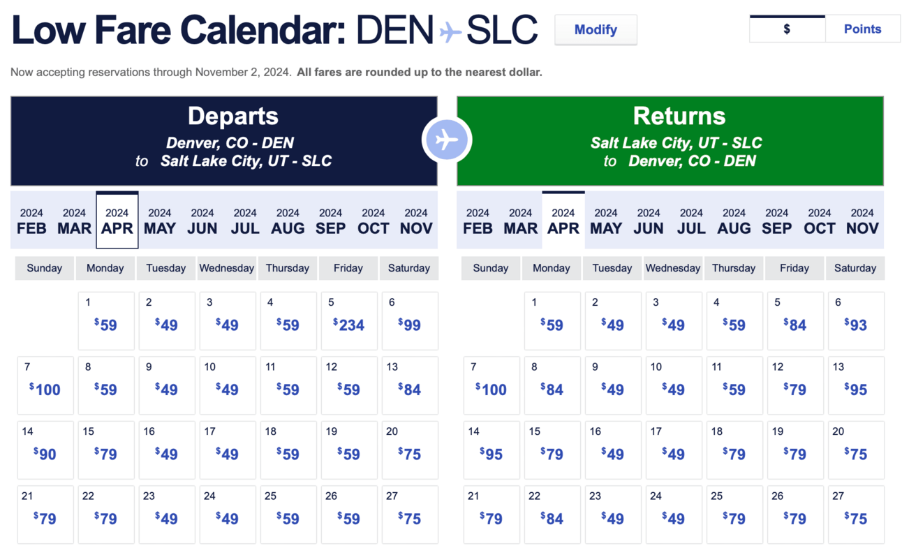 Example of low fares for the month of April from Denver to Salt Lake City