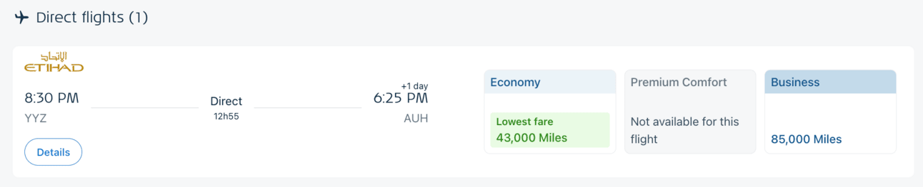 North America to Abu Dhabi for 85,000 miles in business class