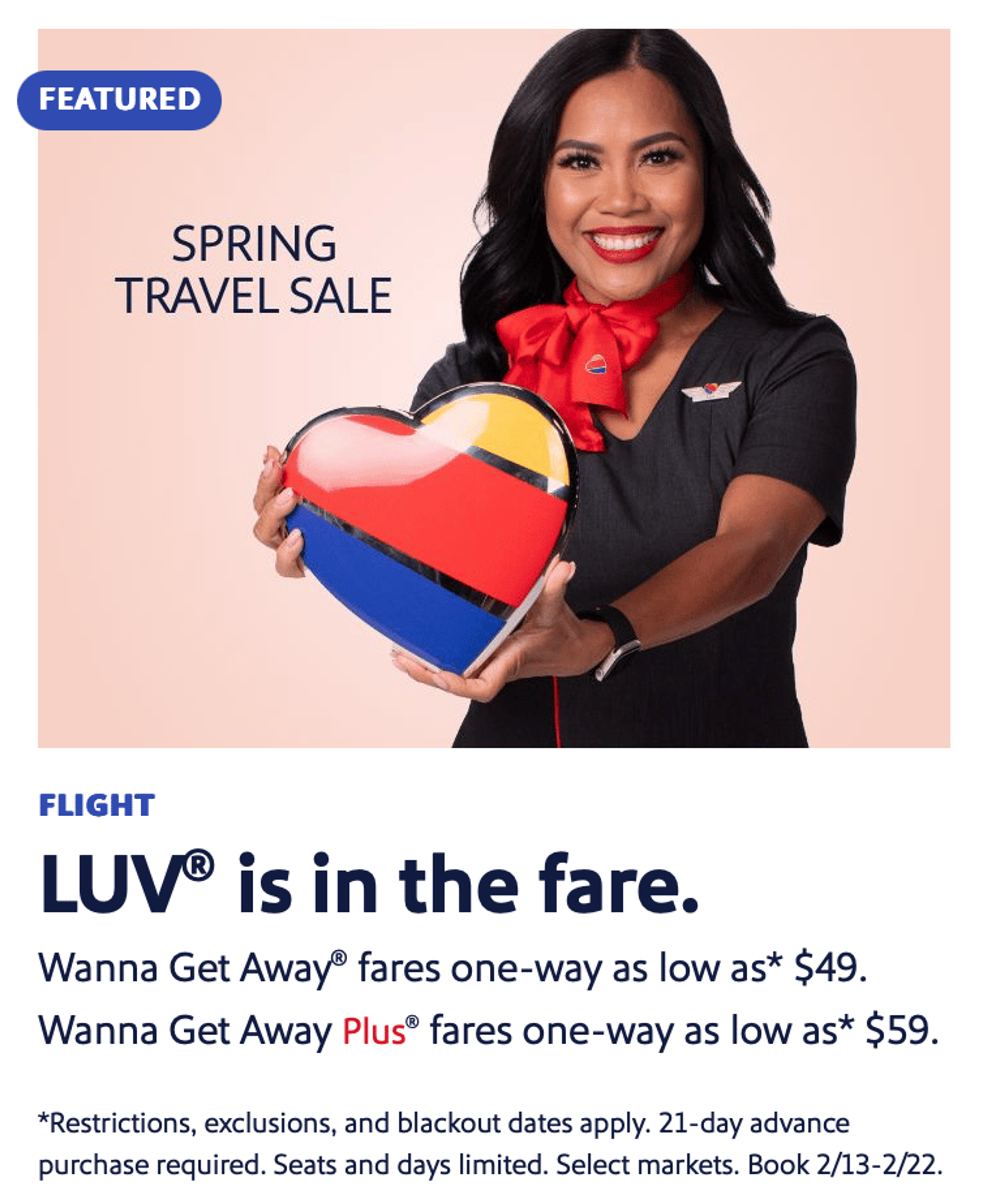 Screenshot of Southwest's spring sale with a lady holding a heart in Southwest colors