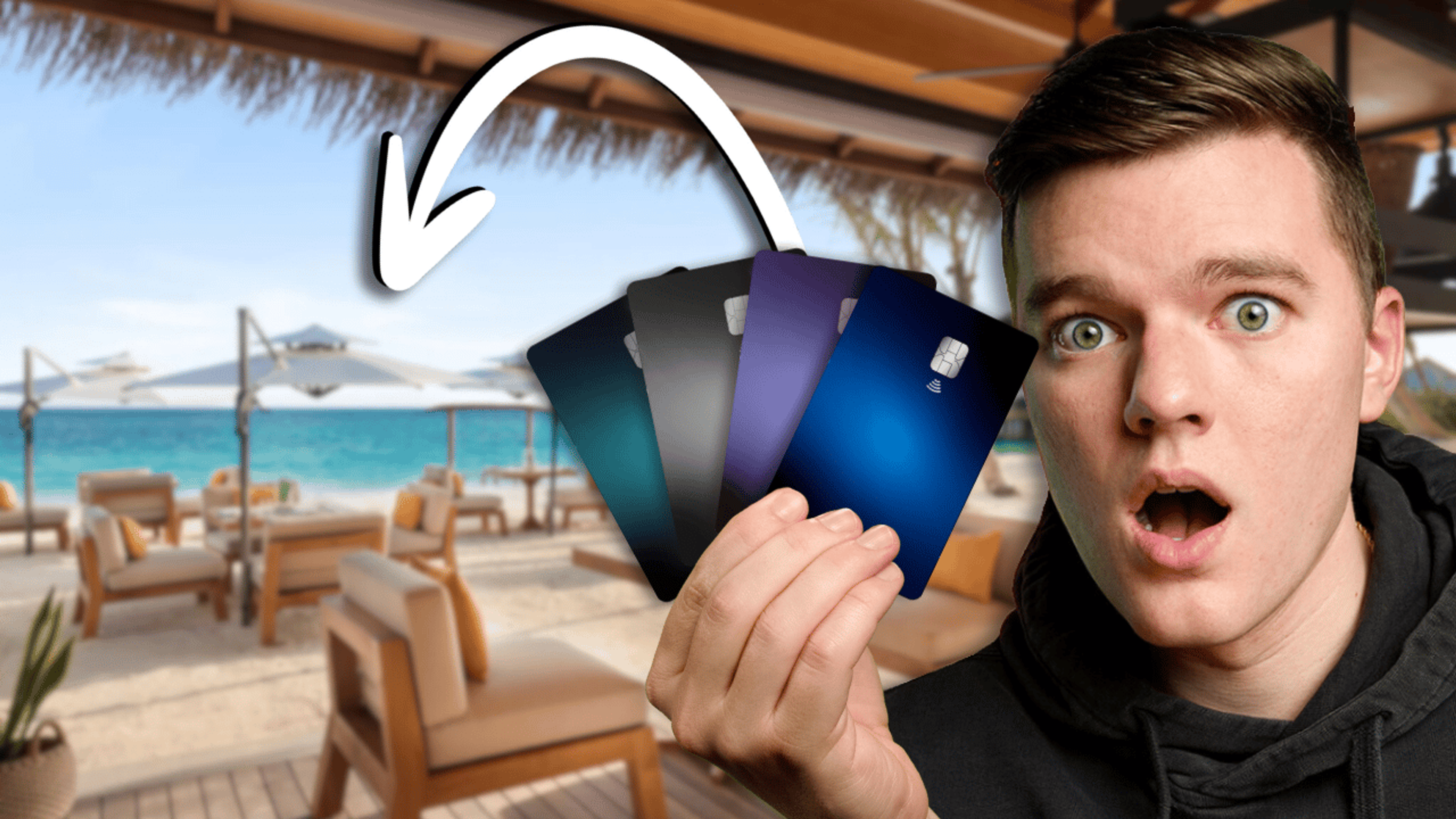 Thumbnail for a YouTube video of a man holding four credit cards with a tropical background
