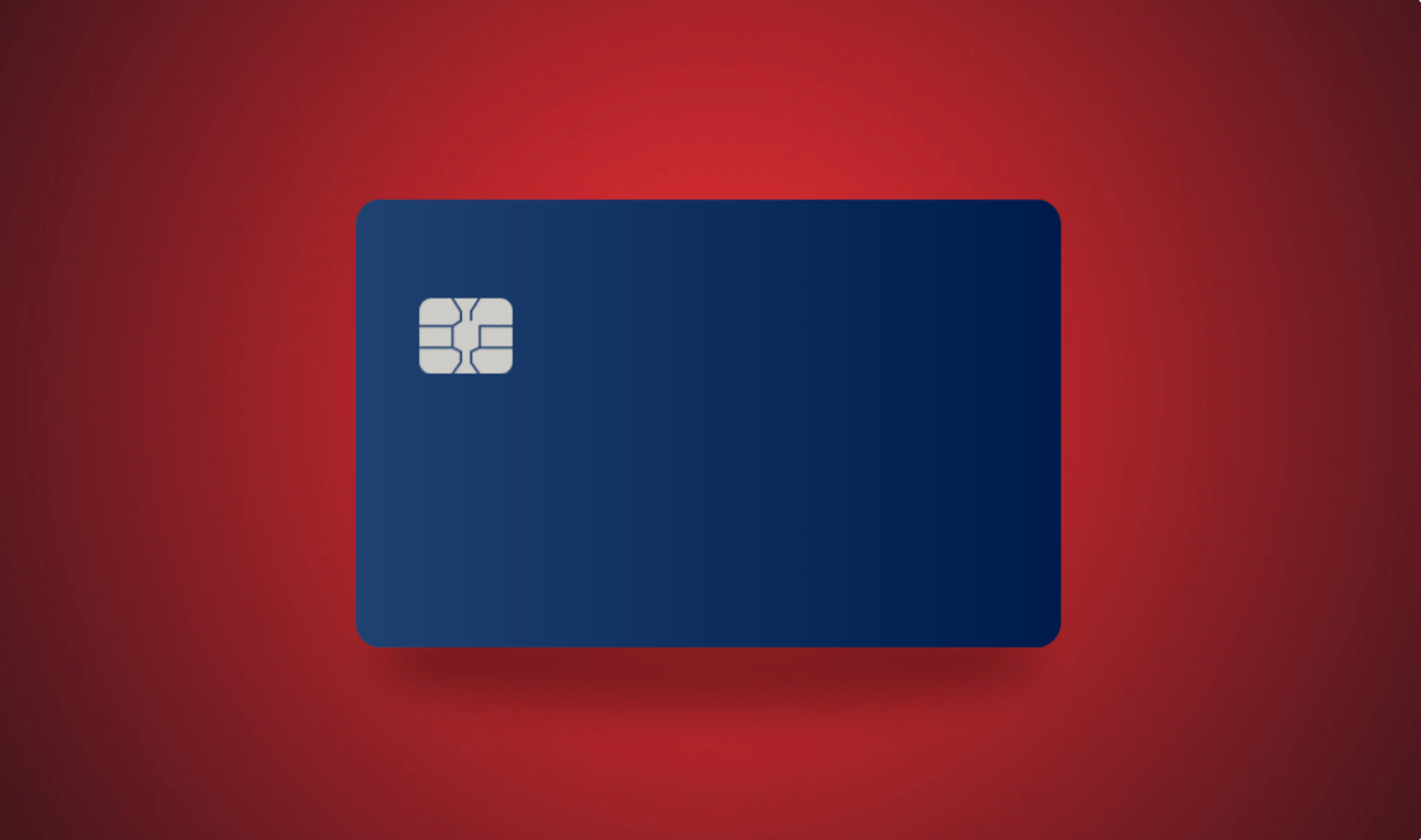 A dark blue credit card graphic on a red background