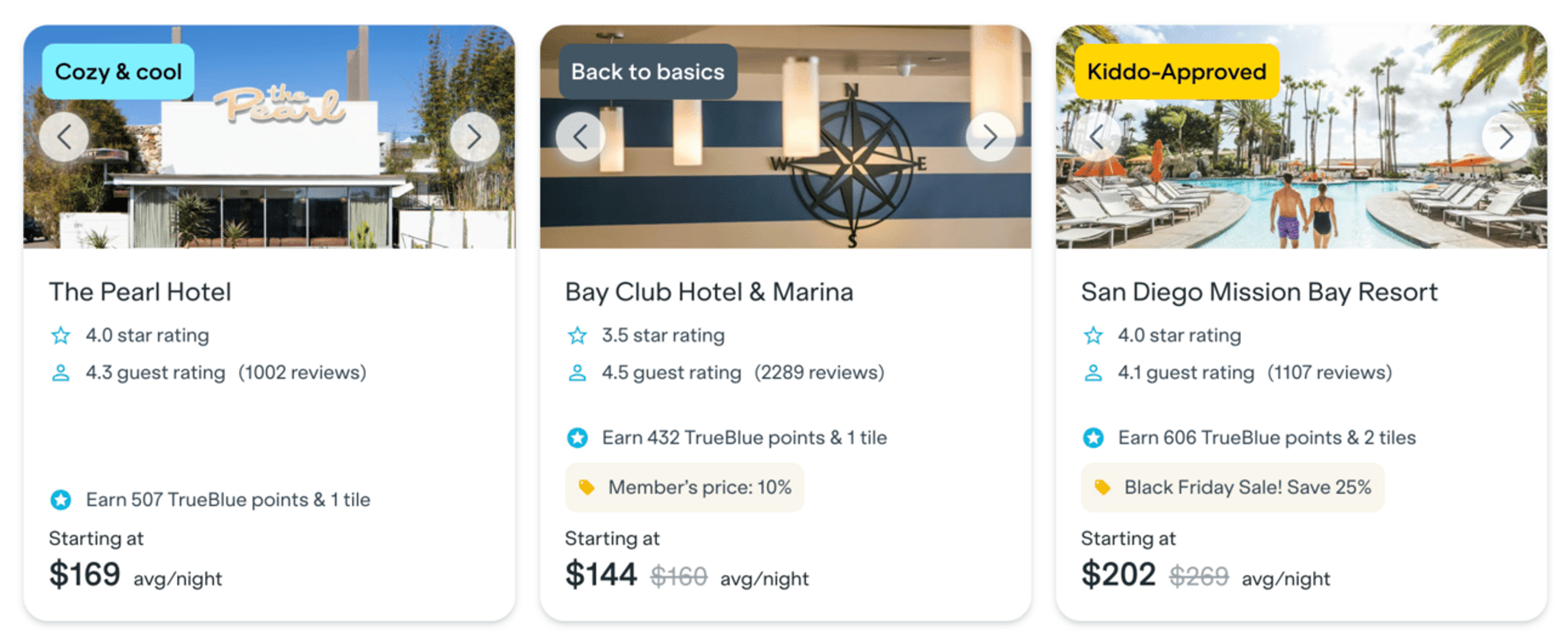Sample search in San Diego showing various hotels and potential earnings
