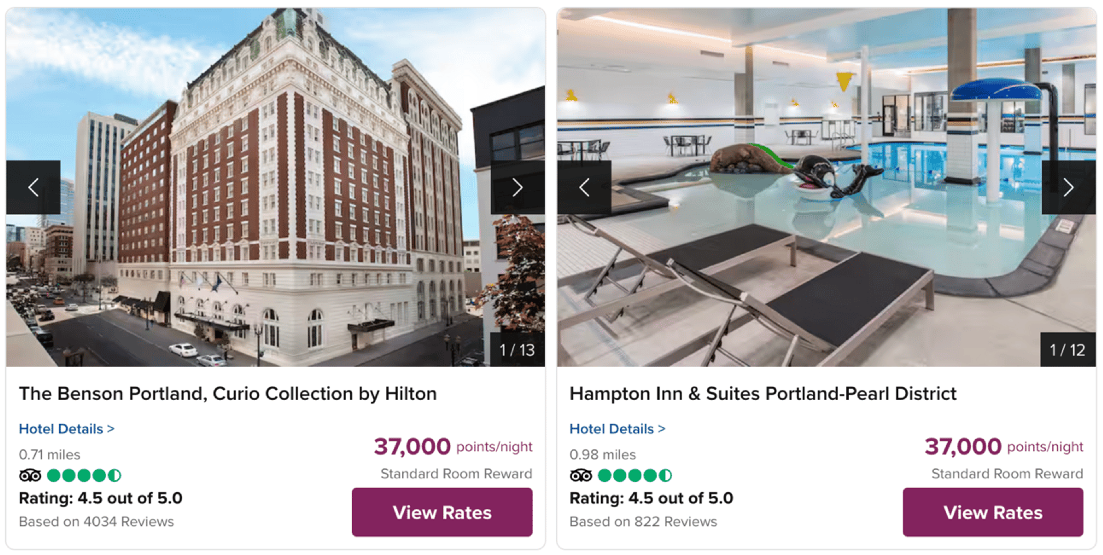 Examples of two Hilton hotels in Portland, each bookable for 37,000 points