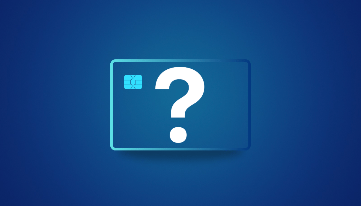 A blue outline of a card on a blue background with a question mark