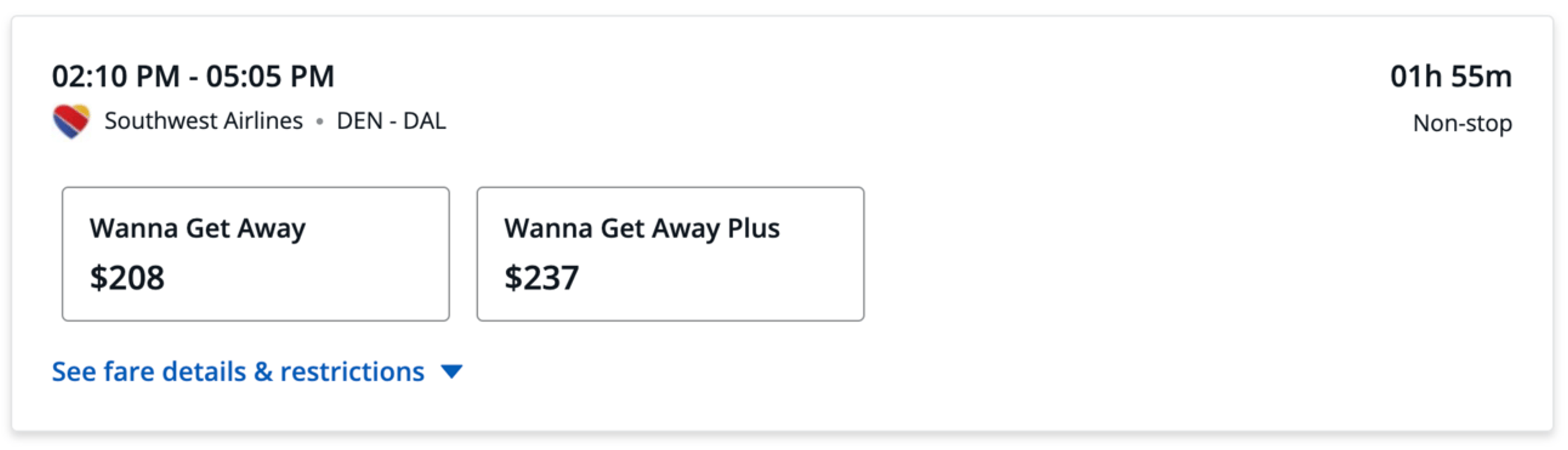Example of a Southwest flight bookable through the Chase Travel portal