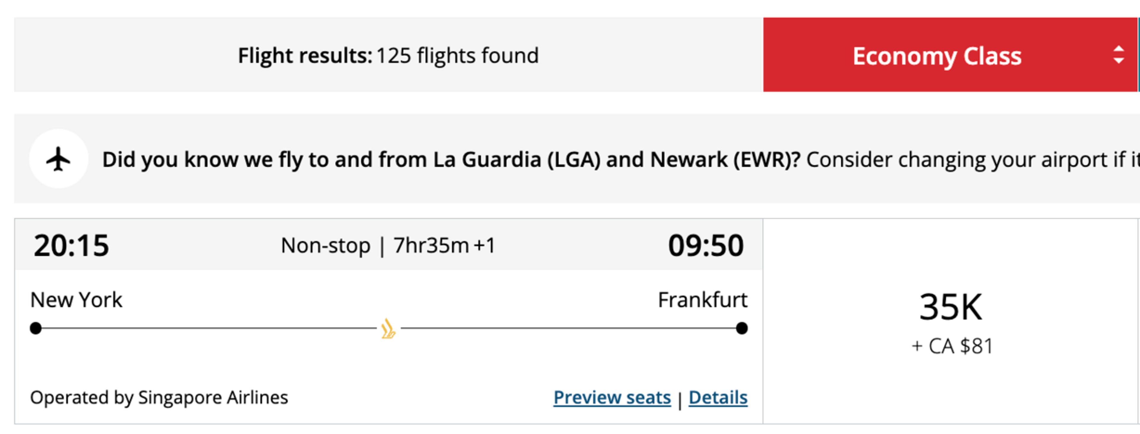 Example of booking Singapore from New York to Frankfurt for 35,000 points in economy