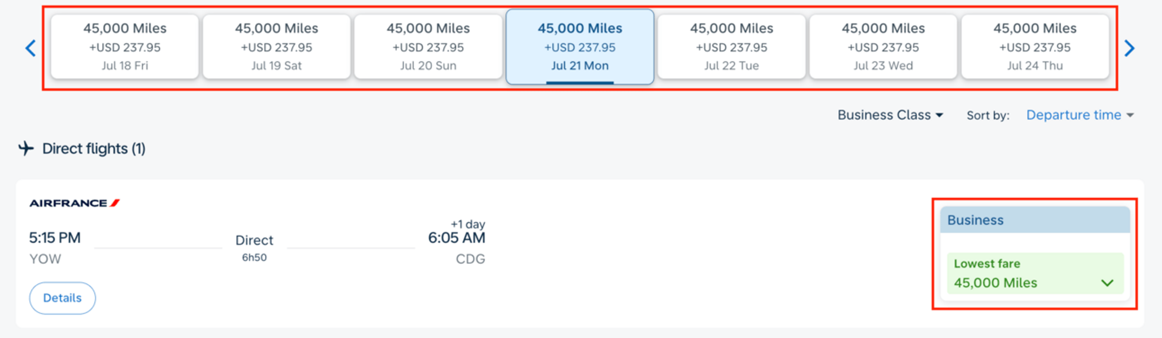 Ottawa to Paris for 45,000 miles in business class