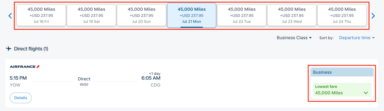 Ottawa to Paris for 45,000 miles in business class