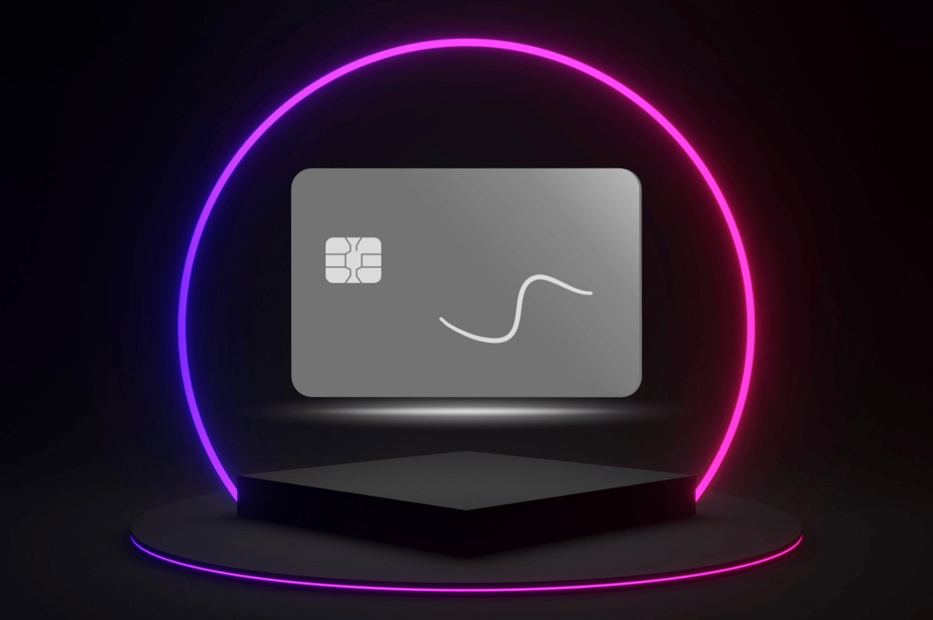 A grey credit card graphic on a black background