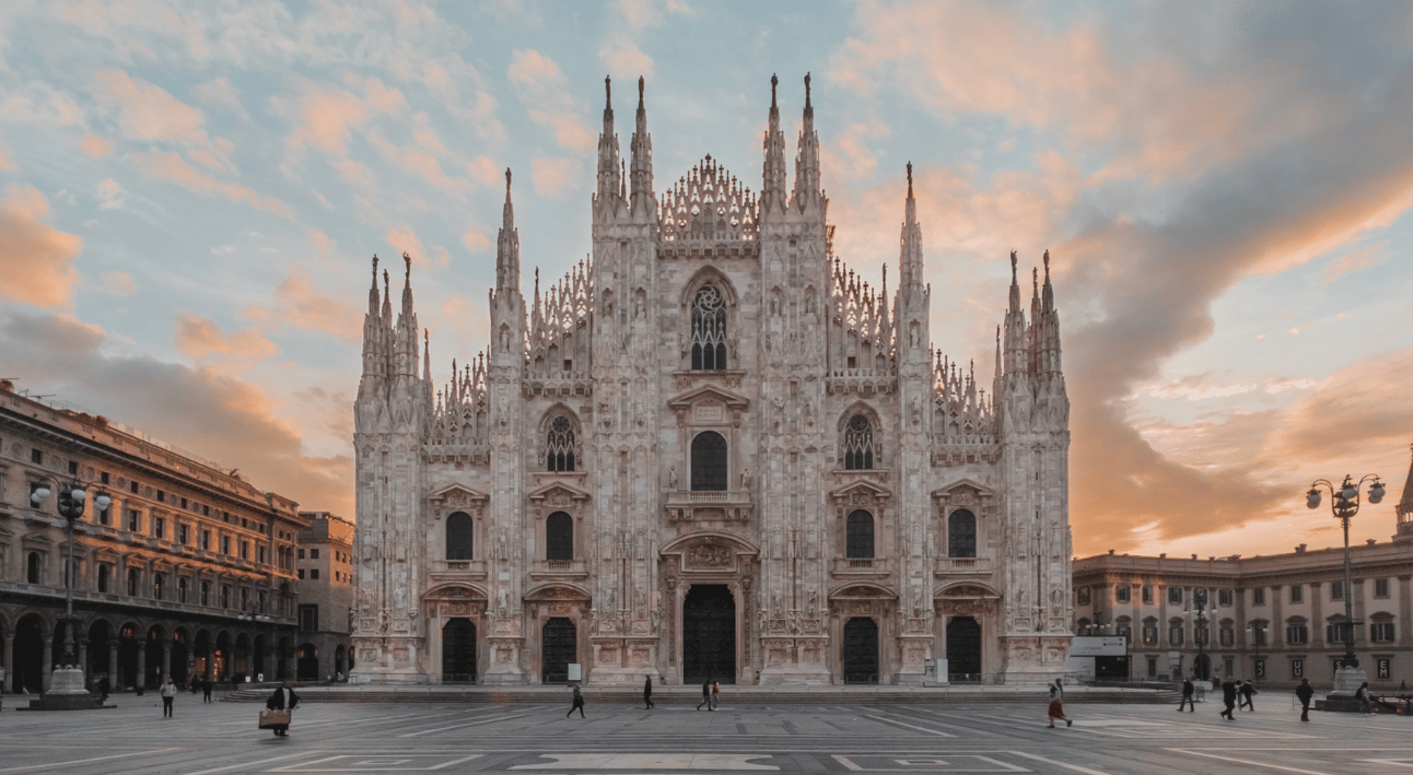 A photo of the Milan cathedral at sunrise