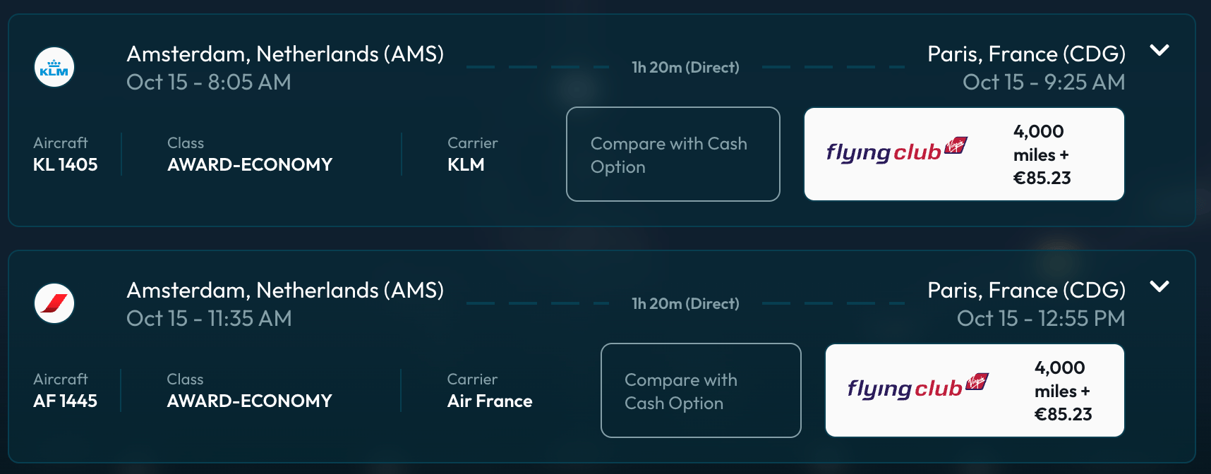 Amsterdam to Paris for 4,000 Virgin miles in economy