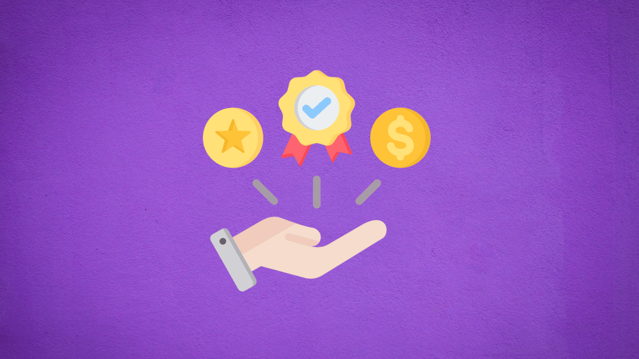 Hand graphic with a gold star, ribbon, and dollar sign on a coin