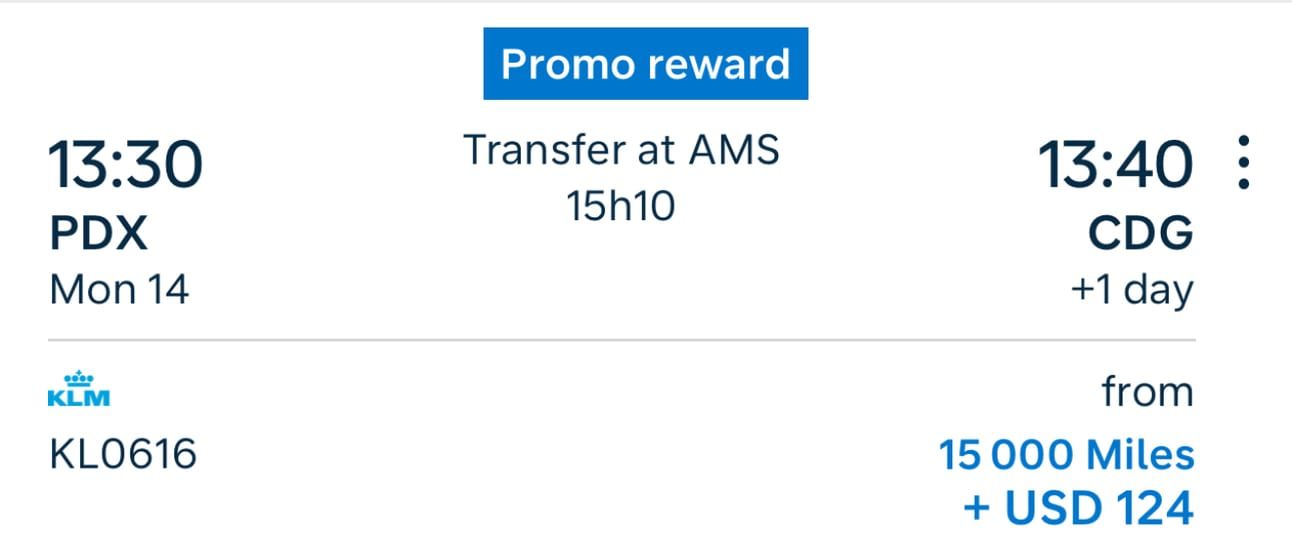 Example of a Promo Reward from Portland to Paris for 15,000 Flying Blue miles