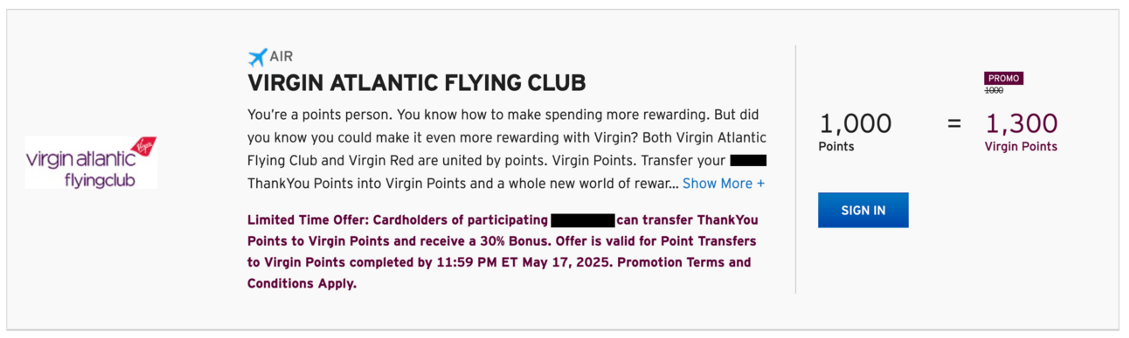 30% transfer bonus to Virgin Atlantic