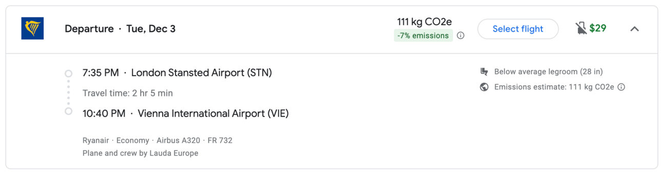 A screenshot of a cheap Ryanair flight from London to Vienna in December
