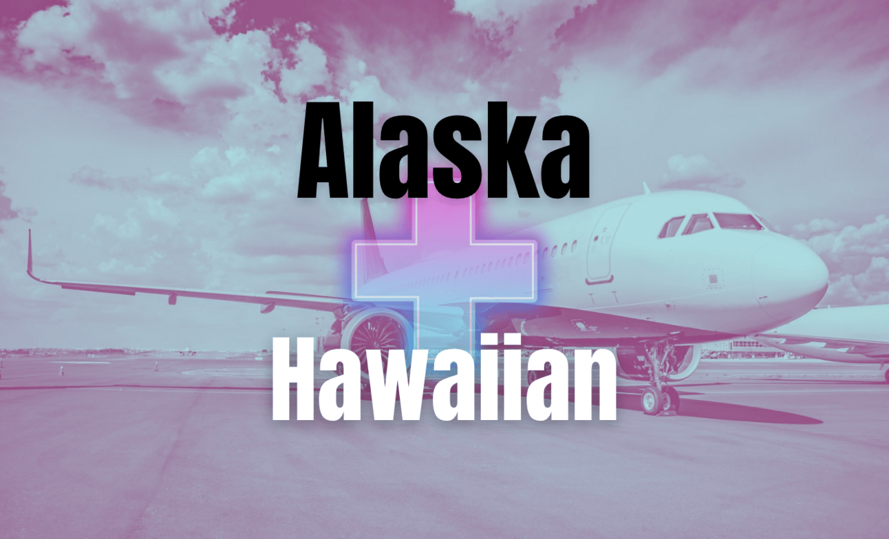 A graphic of an airplane with "Alaska + Hawaiian" as text overlay