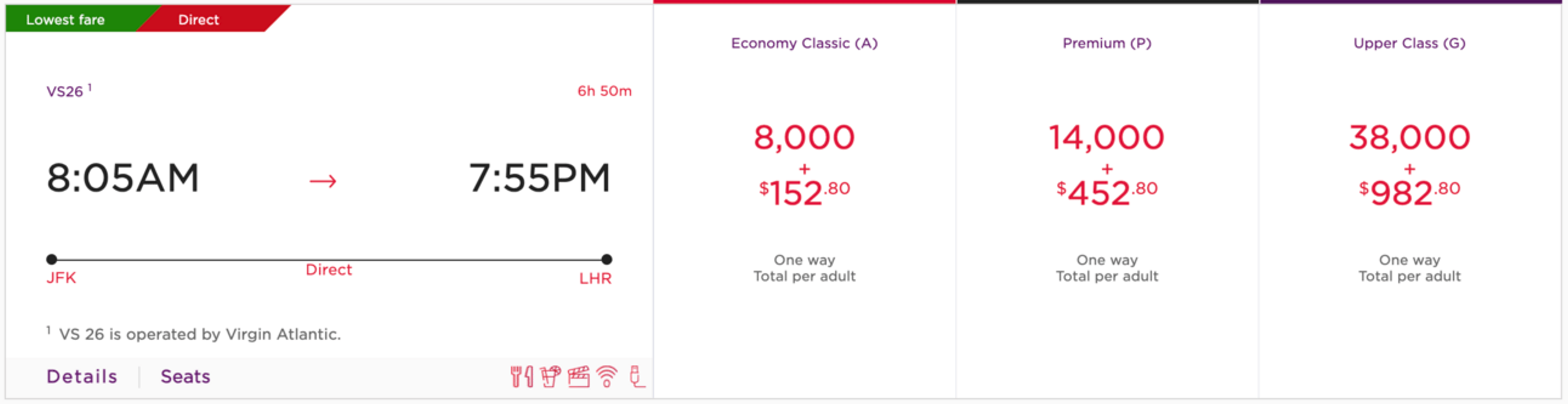 A sample Virgin Atlantic booking from New York to London