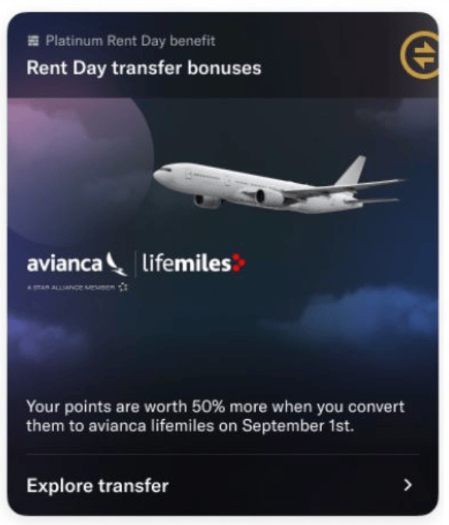 Screenshot showing transfer bonus to Avianca Lifemiles