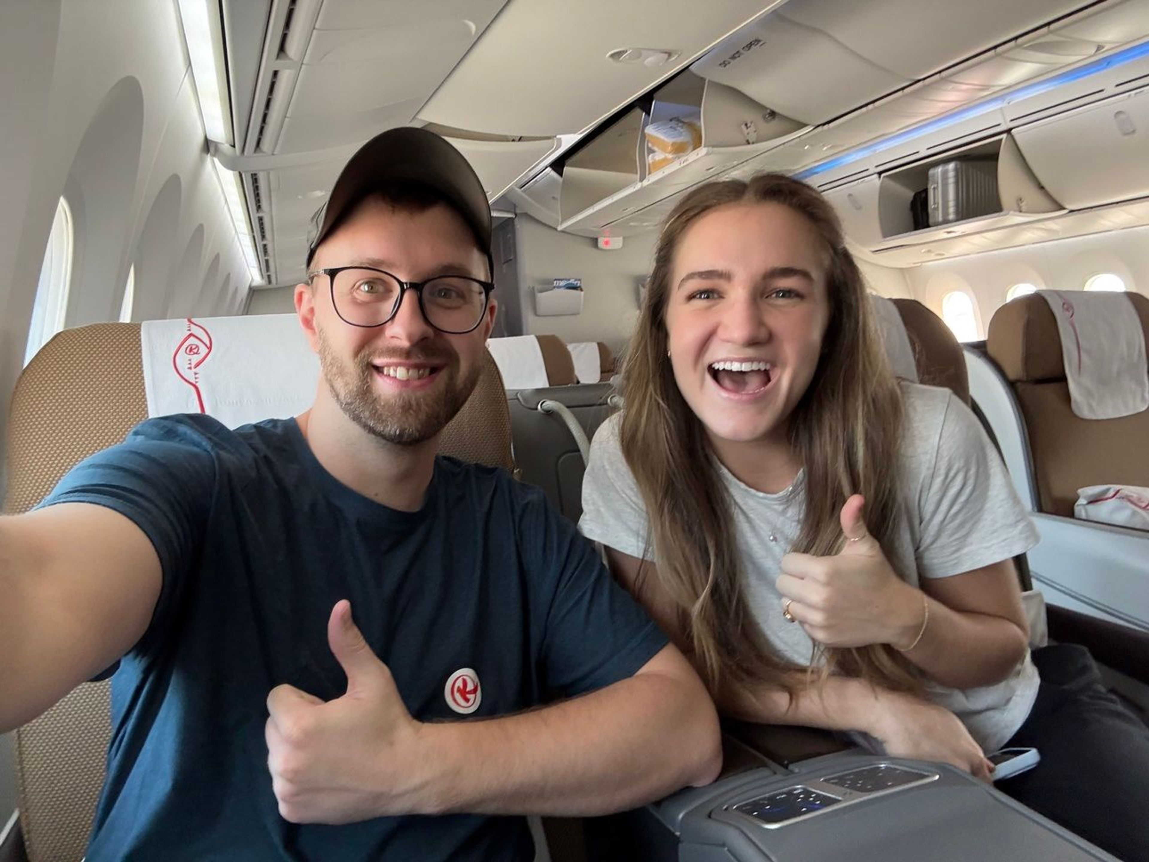 A photo of me and McKay in Kenya Airways' business-class