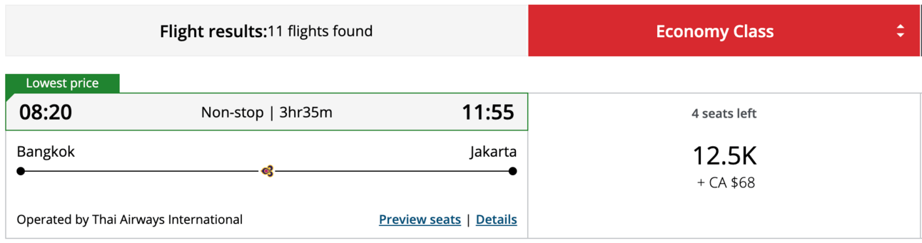 Sample Aeroplan booking from BKK-CGK