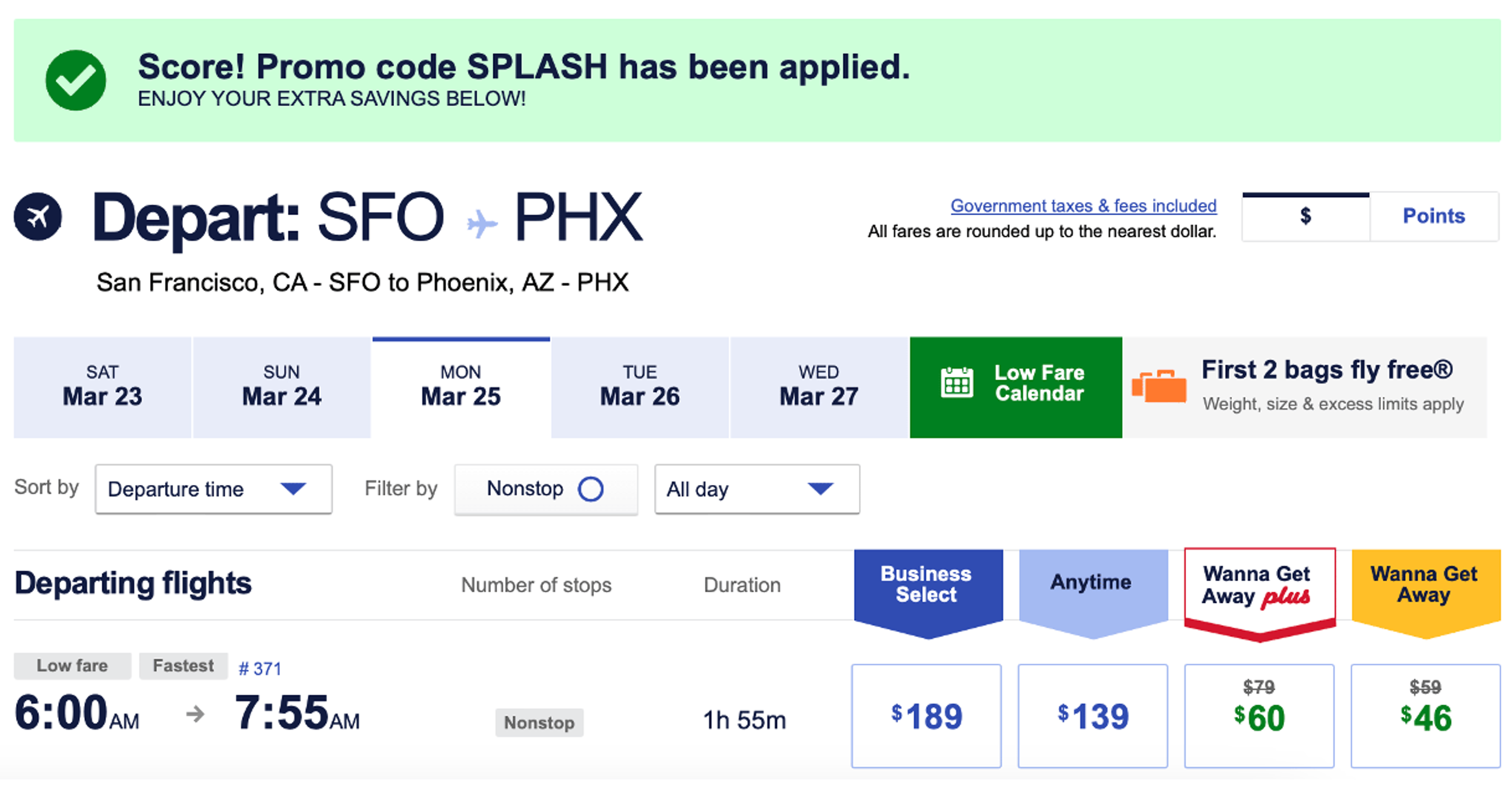 Sample itinerary showing sale fares from SFO to PHX