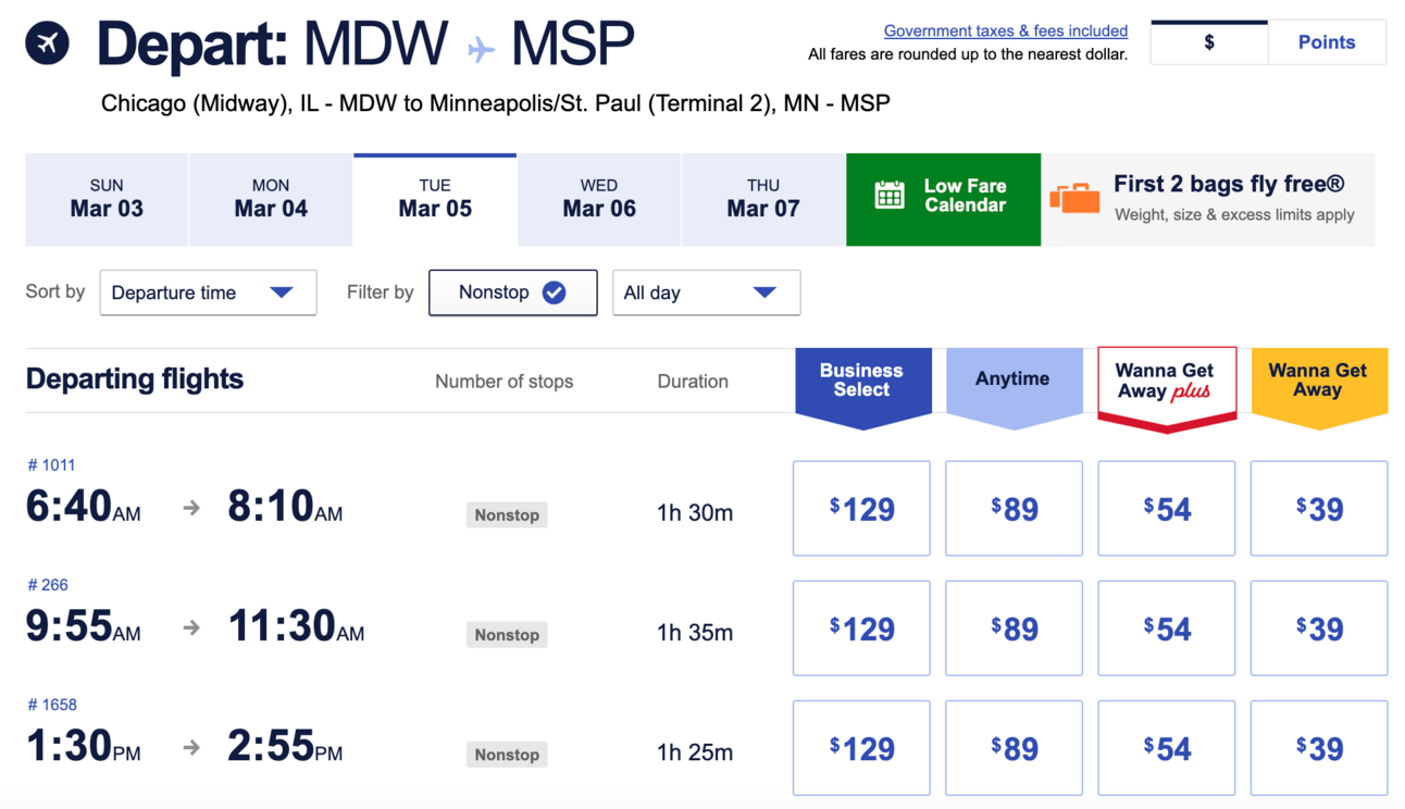 A screenshot fro Southwest's website showing a $39 flight from Chicago to Minneapolis