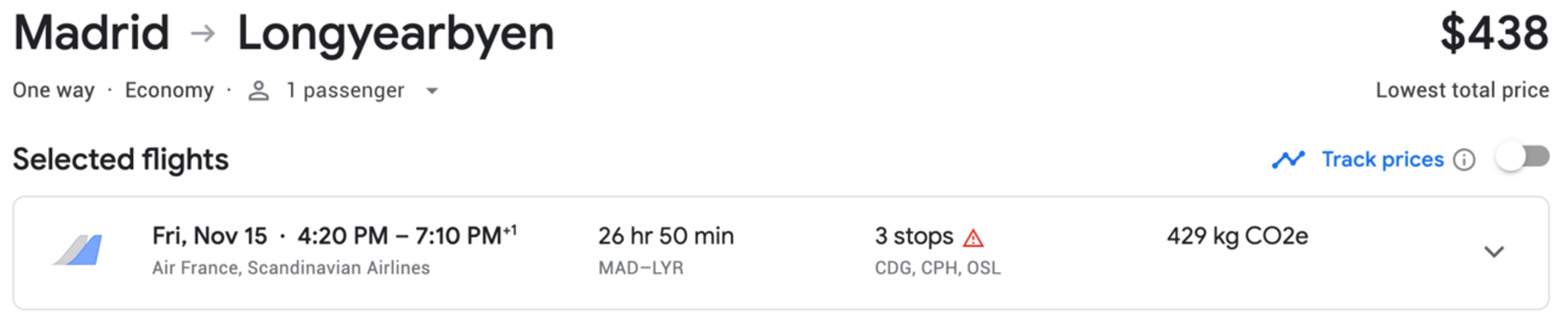 Sample flight on Google Flights