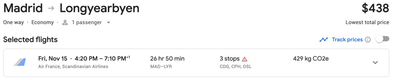 Sample flight on Google Flights