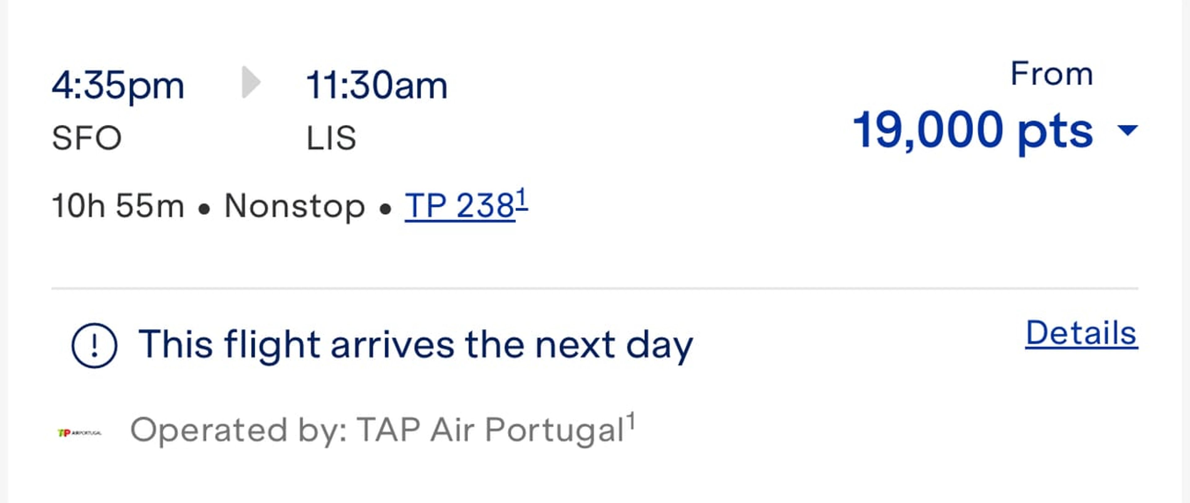 Example of a flight from San Francisco to Lisbon for 19,000 JetBlue miles in economy