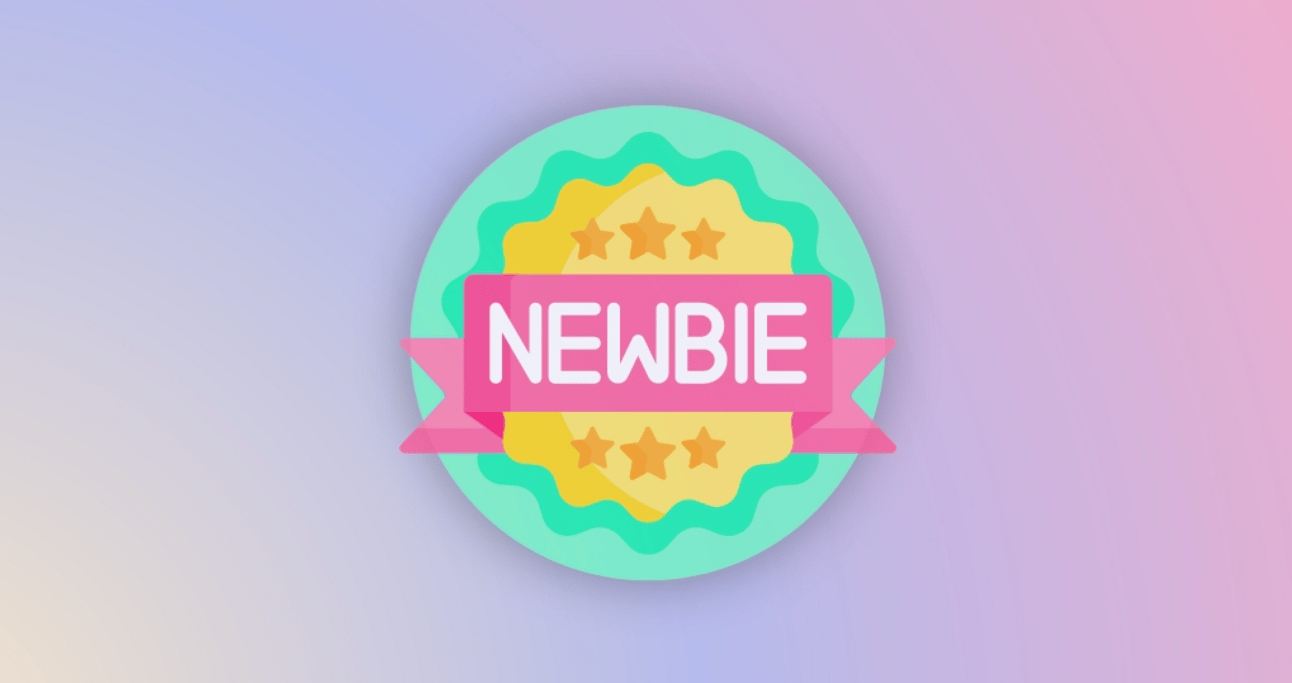 A green Newbie badge on a purple and pink ombre background
