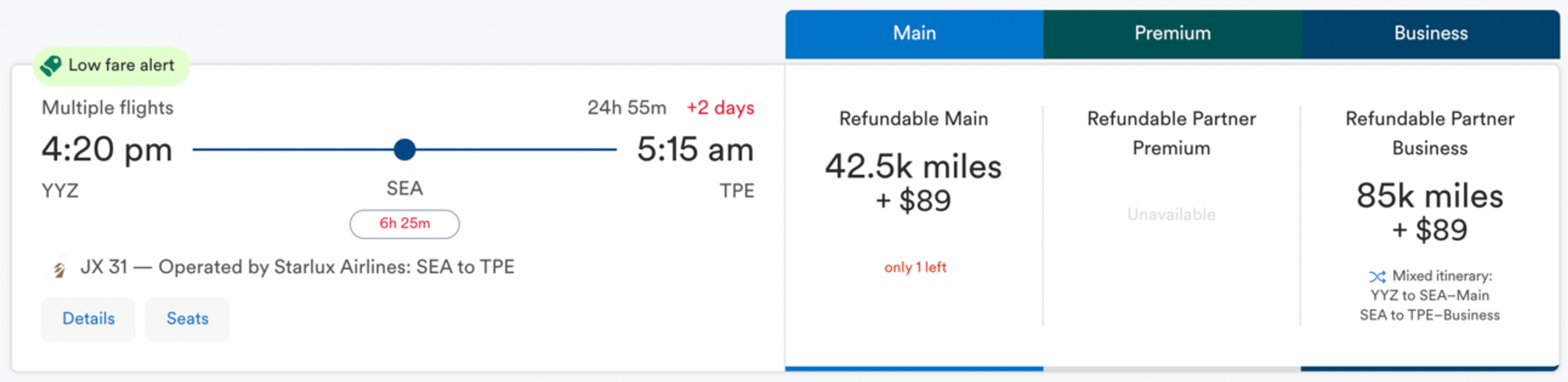 Toronto to Taipei (via Seattle) for 85,000 Alaska miles in business-class