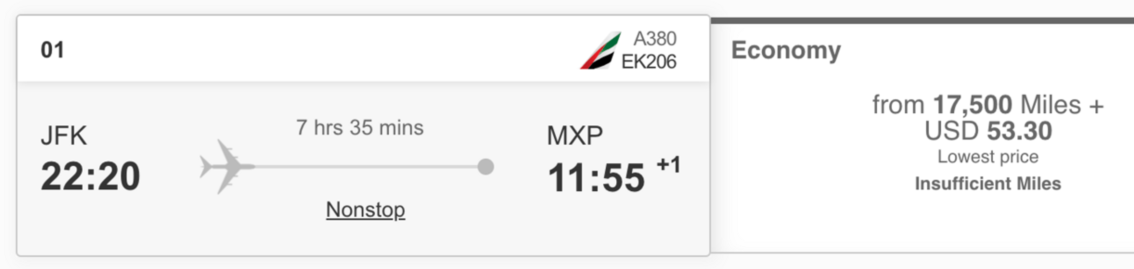 JFK-MXP for 17,500 Emirates miles