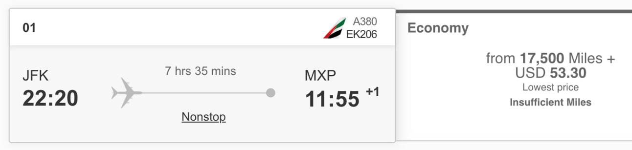 JFK-MXP for 17,500 Emirates miles