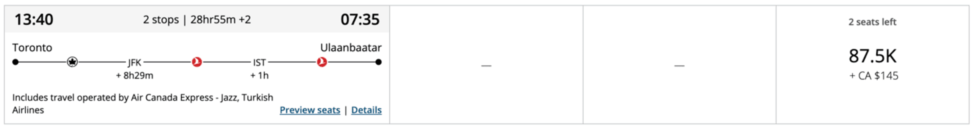 An exmple of a business-class Aeroplan booking