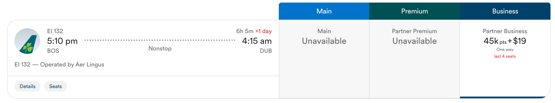 Aer Lingus from Boston to Dublin for 45,000 Atmos points in business