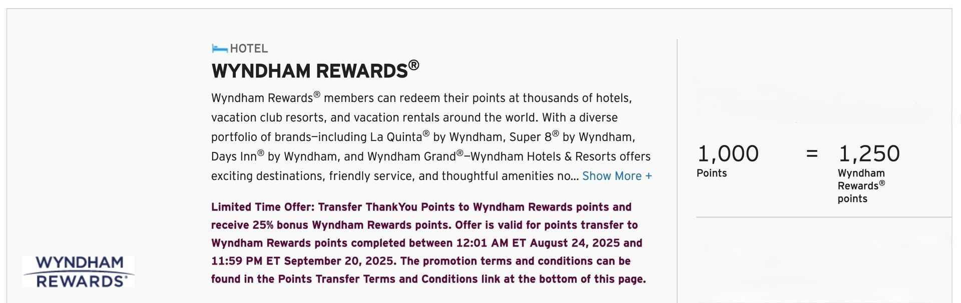 25% transfer bonus to Wyndham