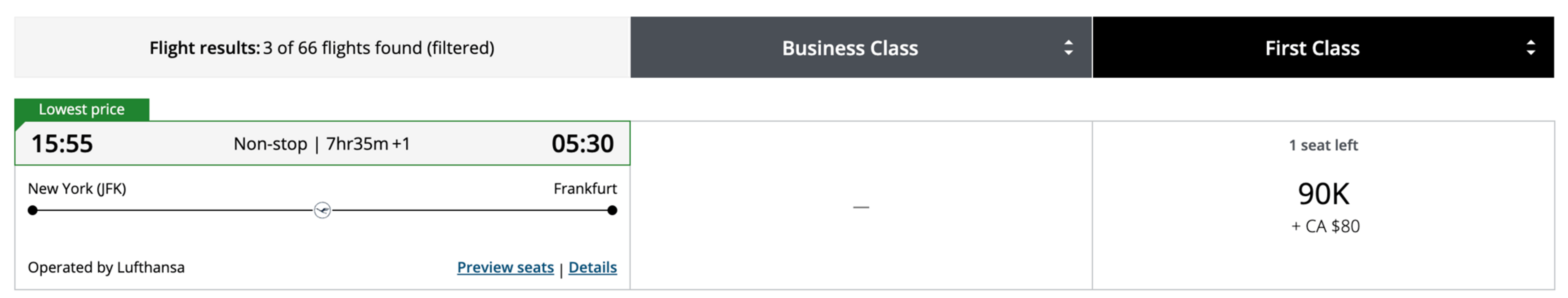 New York to Frankfurt for 90,000 Aeroplan points in first class