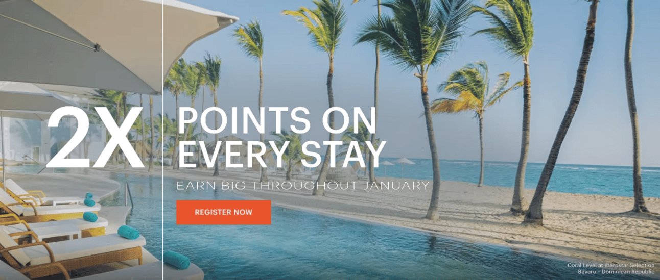 Screenshot of IGH 2X points on every stay promo with a beach background