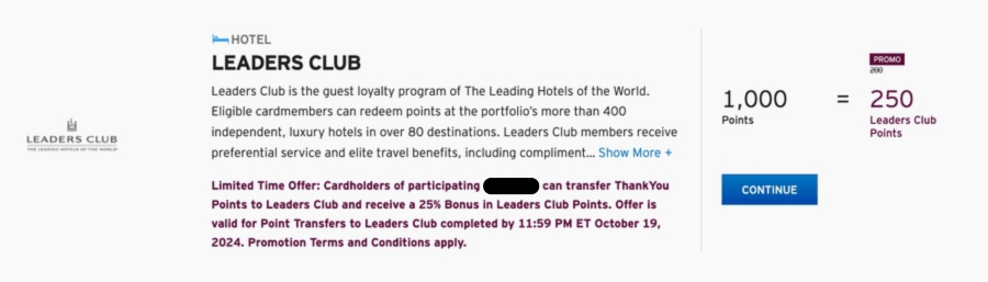 A screenshot from the ThankYou Points transfer page to LHW