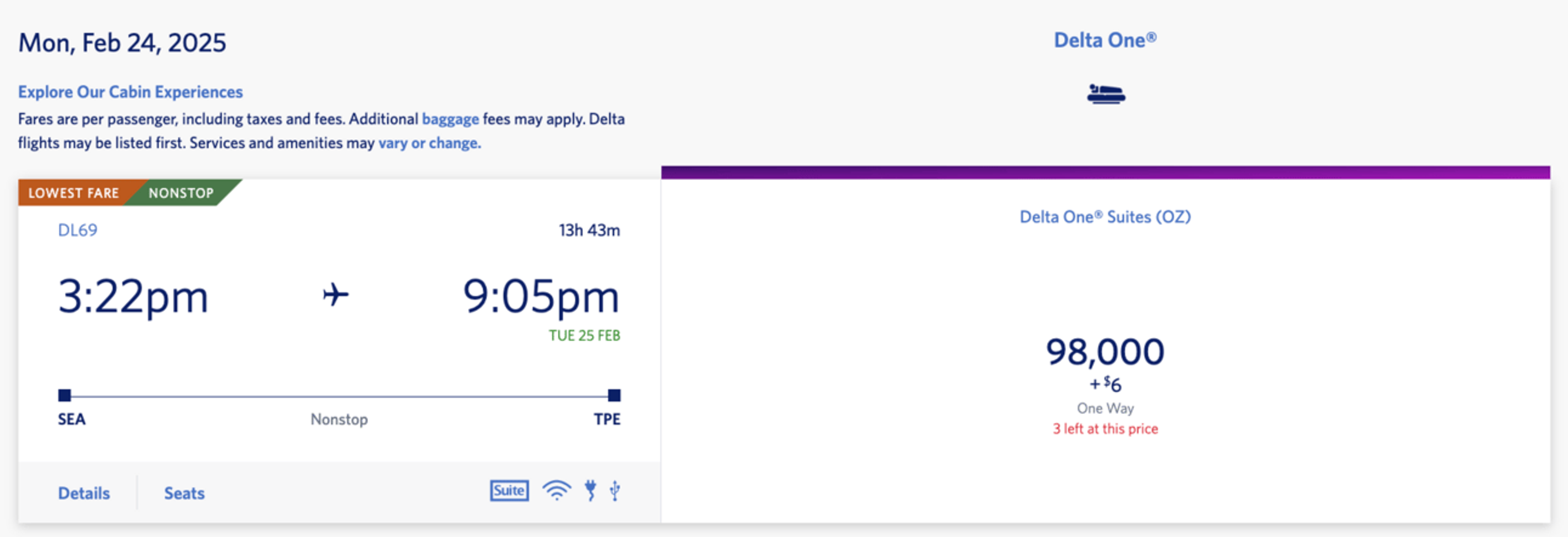 Example of a one-way flight from Seattle to Taipei for 98,000 SkyMiles