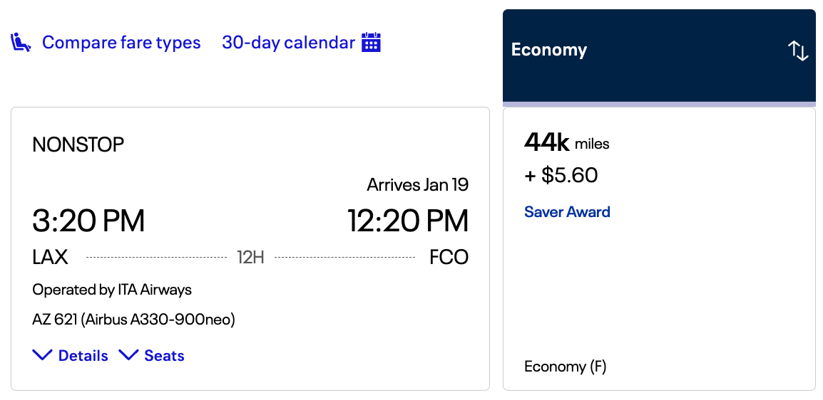 LAX-FCO for 44,000 United miles