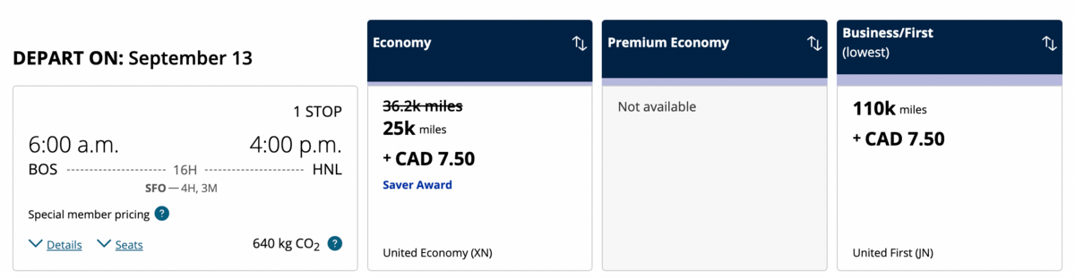 BOS-HNL for 25k United miles