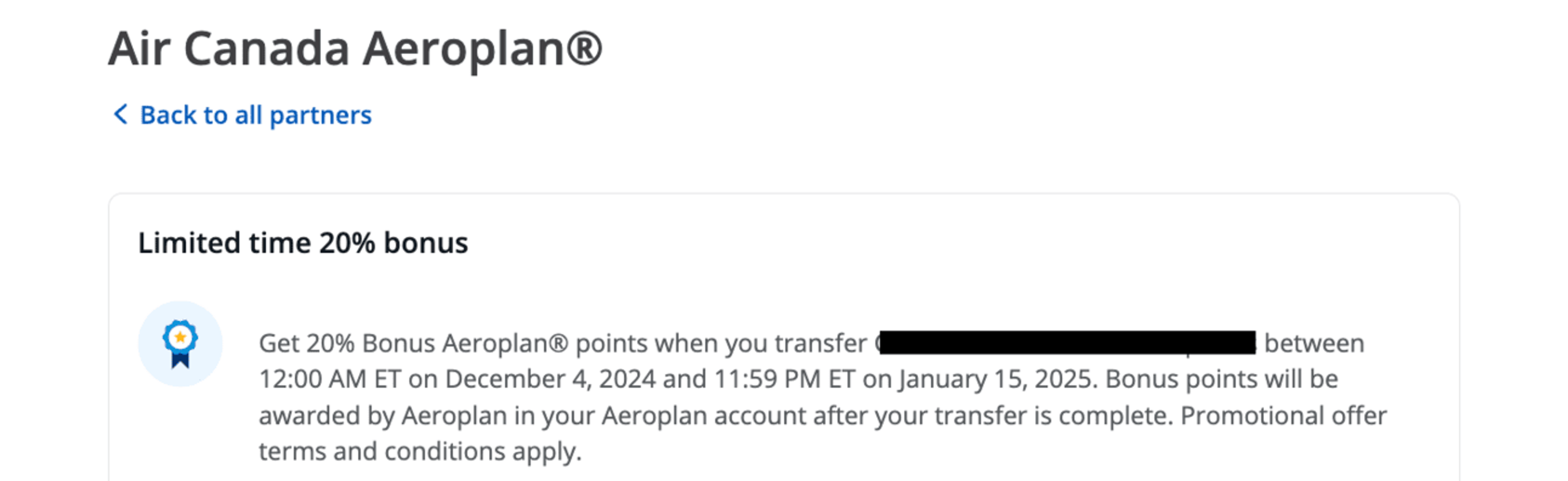 Example of a past 20% transfer bonus to Aeroplan